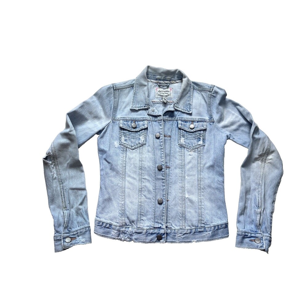 VTG Y2K Abercrombie & Fitch Womens XL Denim Jacket Light Wash Trucker Distressed